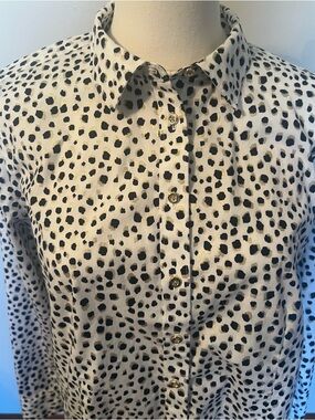 Talbots Womens Animal Print Non-Iron Button Up Blouse 12 Petite White Black Gold